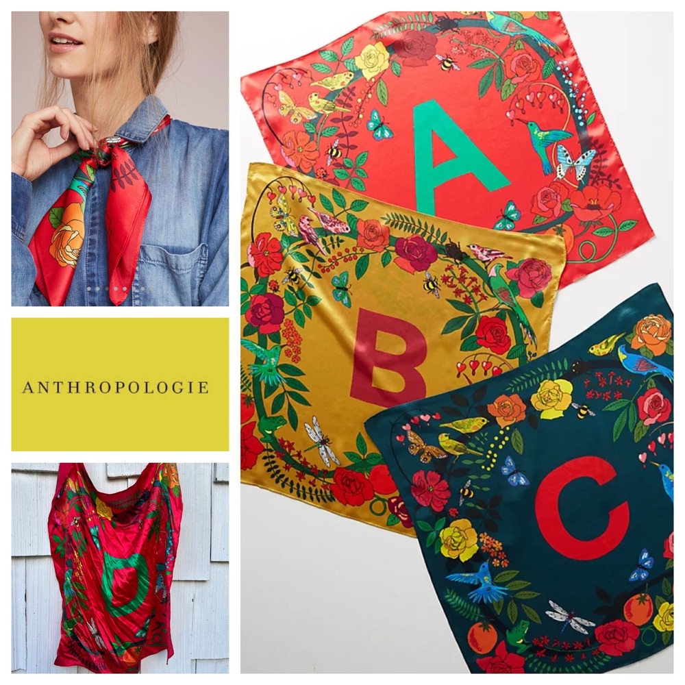 Karen Mabon Anthropologie Red Silk Monogram Initial D Floral Bird Scarf Bandana